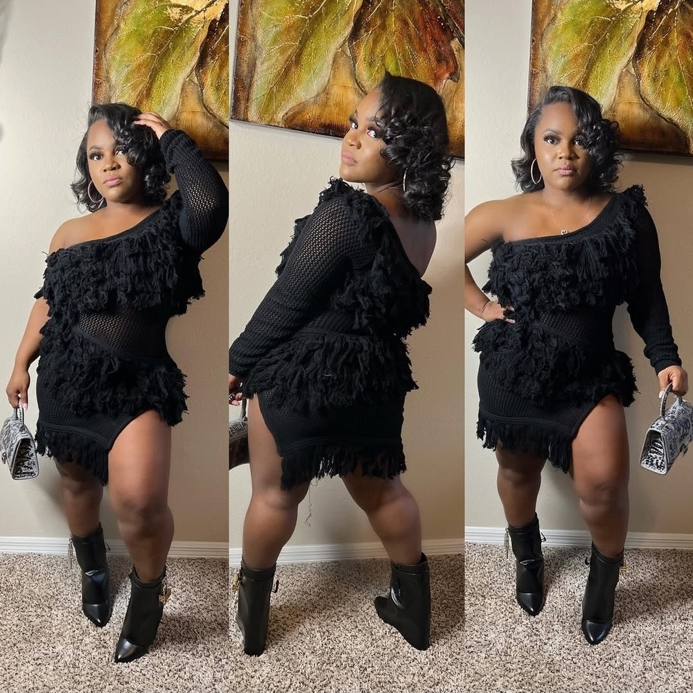 Black One-Shoulder Fringe Dress